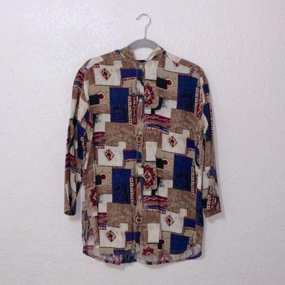 Colorful button up blouse with hood